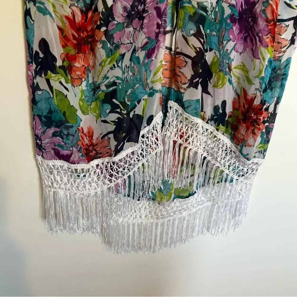 Catalina Floral Print Open Tie Front Fringe Hem Kimono Swim Coverup Medium 8-10‎